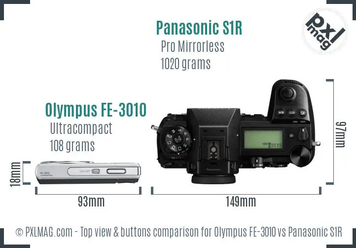 Olympus FE-3010 vs Panasonic S1R top view buttons comparison