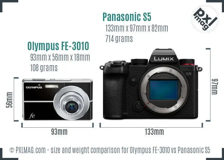 Olympus FE-3010 vs Panasonic S5 size comparison