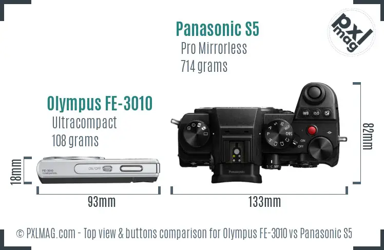 Olympus FE-3010 vs Panasonic S5 top view buttons comparison