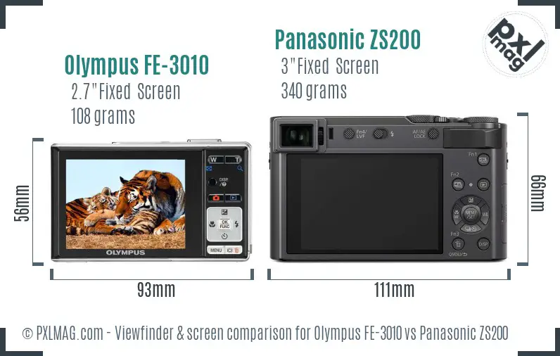Olympus FE-3010 vs Panasonic ZS200 Screen and Viewfinder comparison