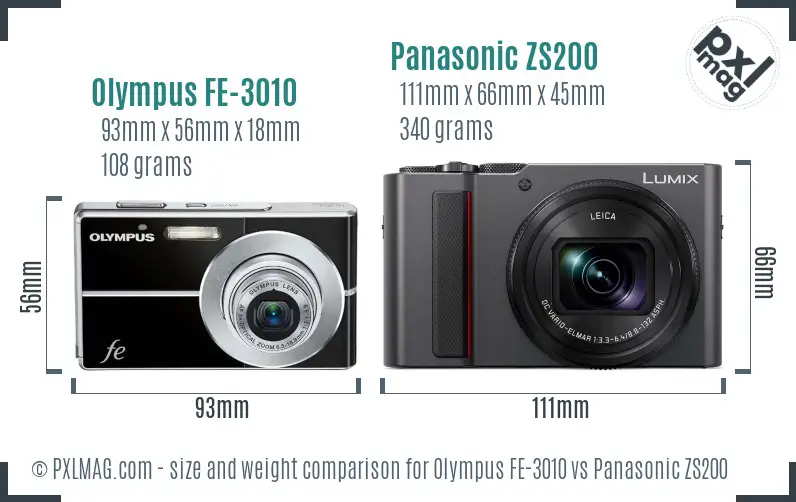 Olympus FE-3010 vs Panasonic ZS200 size comparison