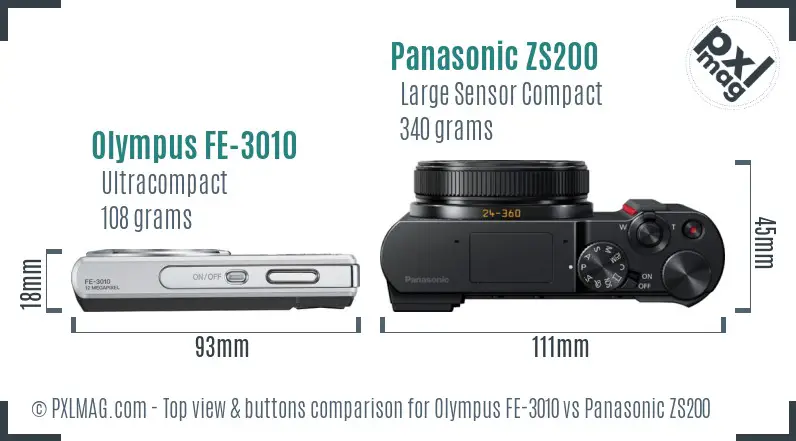 Olympus FE-3010 vs Panasonic ZS200 top view buttons comparison