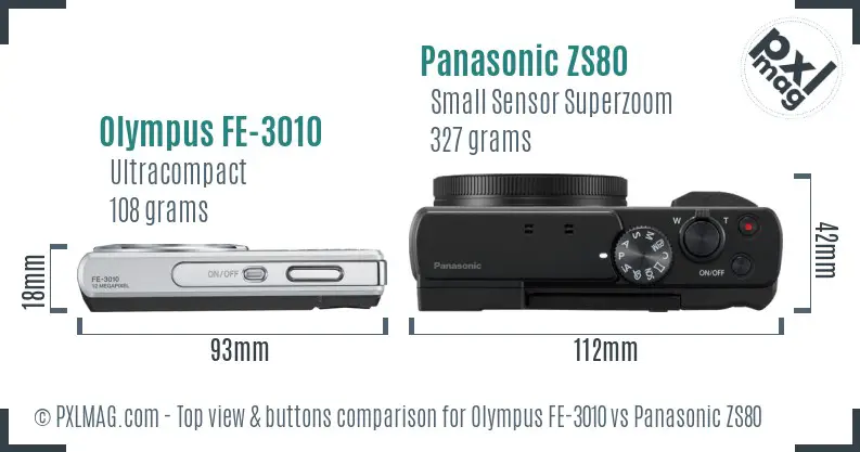 Olympus FE-3010 vs Panasonic ZS80 top view buttons comparison