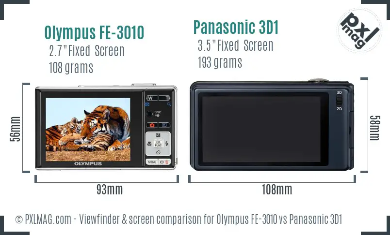 Olympus FE-3010 vs Panasonic 3D1 Screen and Viewfinder comparison