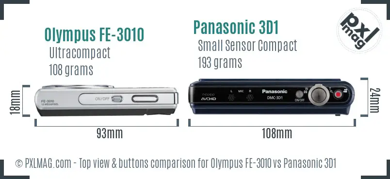 Olympus FE-3010 vs Panasonic 3D1 top view buttons comparison
