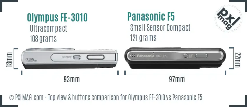 Olympus FE-3010 vs Panasonic F5 top view buttons comparison