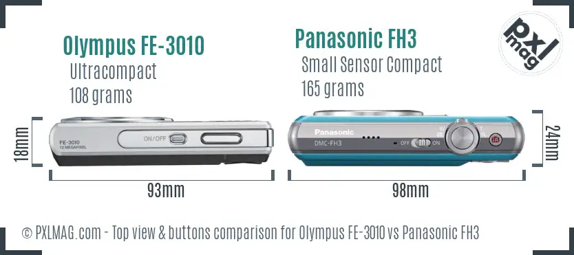Olympus FE-3010 vs Panasonic FH3 top view buttons comparison