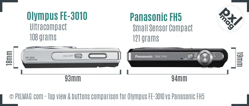 Olympus FE-3010 vs Panasonic FH5 top view buttons comparison