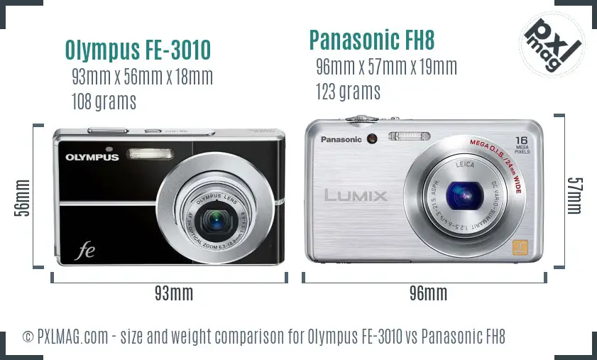 Olympus FE-3010 vs Panasonic FH8 size comparison