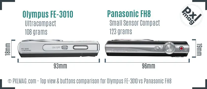 Olympus FE-3010 vs Panasonic FH8 top view buttons comparison