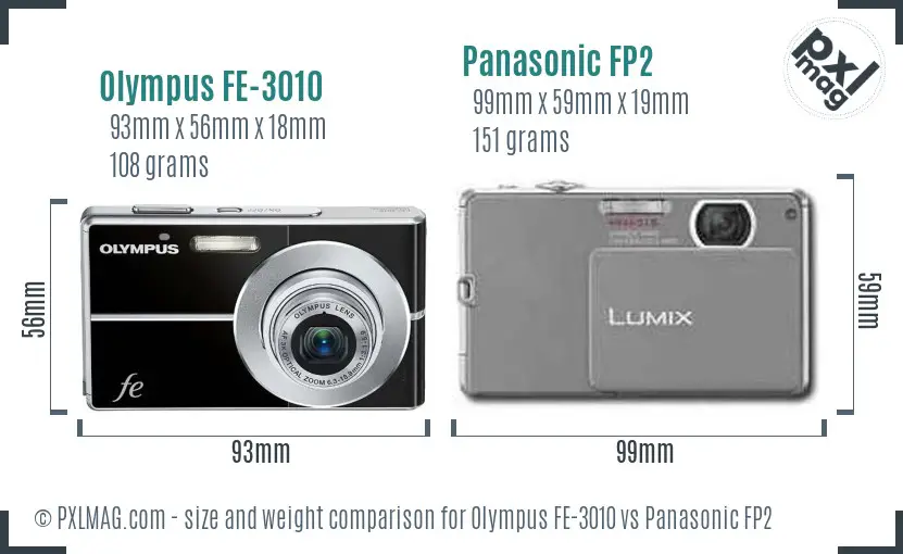 Olympus FE-3010 vs Panasonic FP2 size comparison