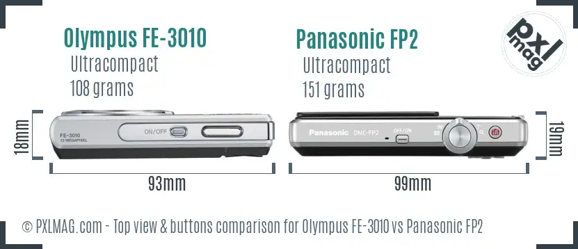 Olympus FE-3010 vs Panasonic FP2 top view buttons comparison