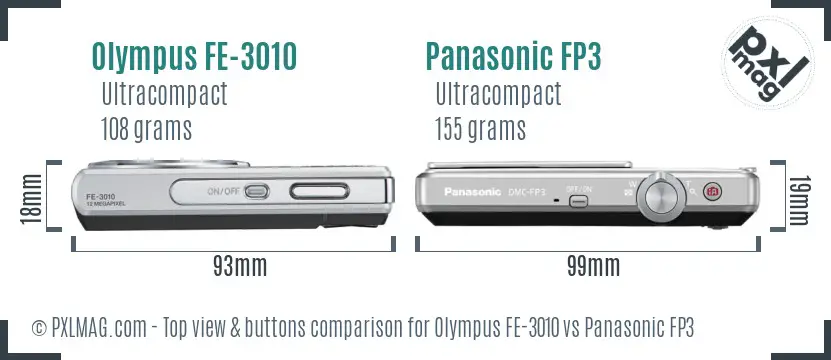 Olympus FE-3010 vs Panasonic FP3 top view buttons comparison