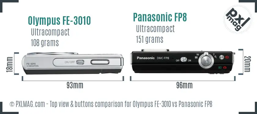 Olympus FE-3010 vs Panasonic FP8 top view buttons comparison