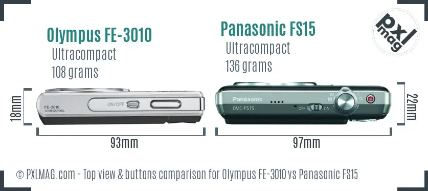 Olympus FE-3010 vs Panasonic FS15 top view buttons comparison