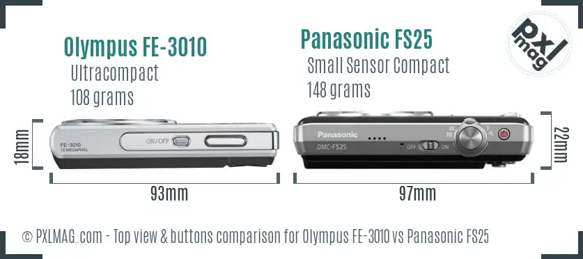 Olympus FE-3010 vs Panasonic FS25 top view buttons comparison