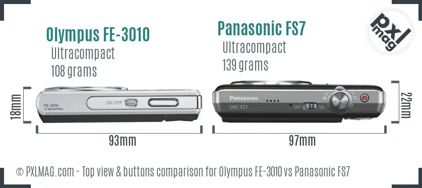 Olympus FE-3010 vs Panasonic FS7 top view buttons comparison