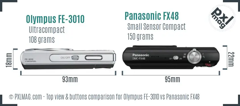 Olympus FE-3010 vs Panasonic FX48 top view buttons comparison