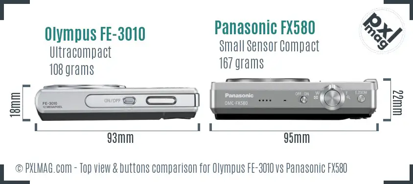 Olympus FE-3010 vs Panasonic FX580 top view buttons comparison