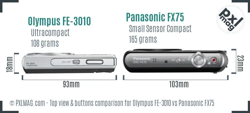 Olympus FE-3010 vs Panasonic FX75 top view buttons comparison