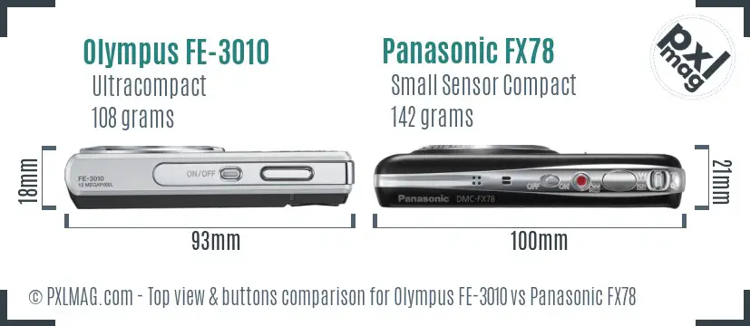 Olympus FE-3010 vs Panasonic FX78 top view buttons comparison
