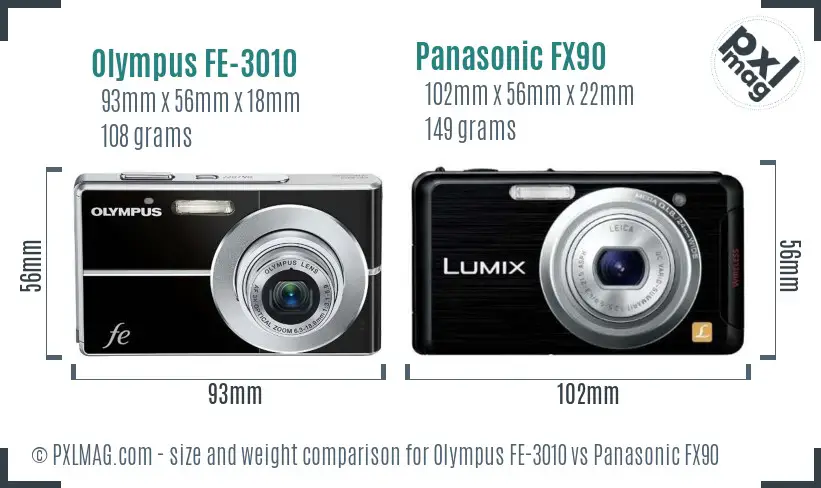 Olympus FE-3010 vs Panasonic FX90 size comparison
