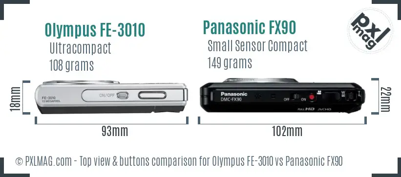 Olympus FE-3010 vs Panasonic FX90 top view buttons comparison