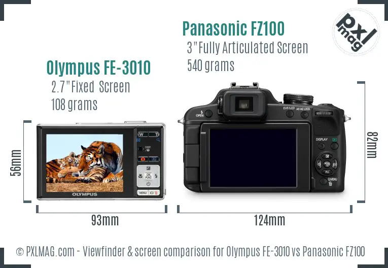 Olympus FE-3010 vs Panasonic FZ100 Screen and Viewfinder comparison