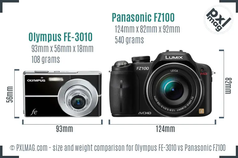 Olympus FE-3010 vs Panasonic FZ100 size comparison