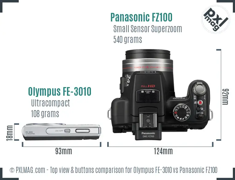 Olympus FE-3010 vs Panasonic FZ100 top view buttons comparison