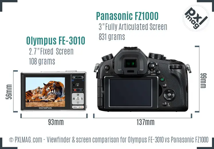 Olympus FE-3010 vs Panasonic FZ1000 Screen and Viewfinder comparison