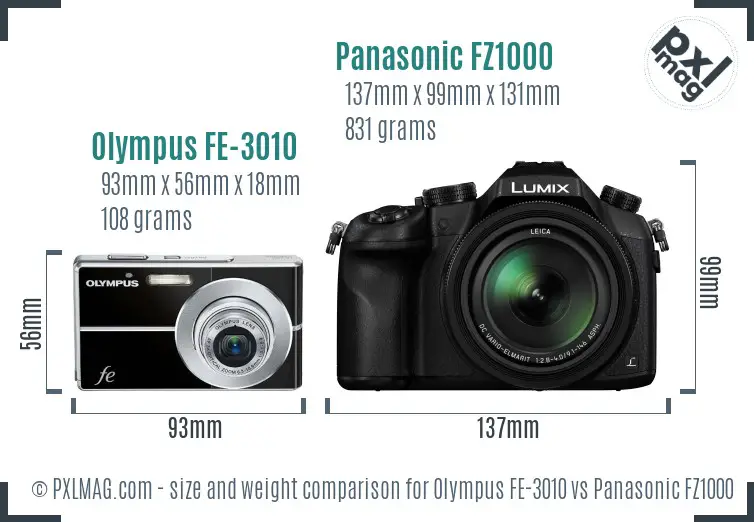 Olympus FE-3010 vs Panasonic FZ1000 size comparison