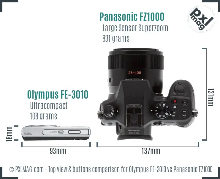 Olympus FE-3010 vs Panasonic FZ1000 top view buttons comparison