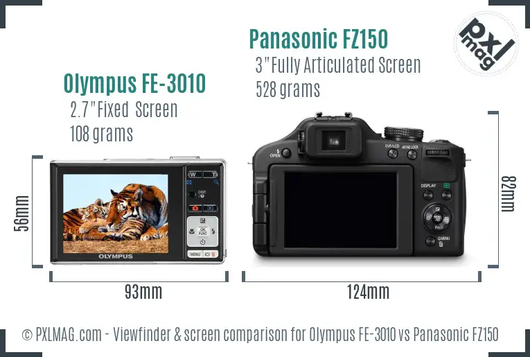 Olympus FE-3010 vs Panasonic FZ150 Screen and Viewfinder comparison
