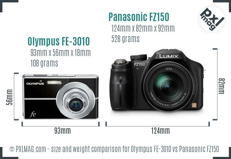 Olympus FE-3010 vs Panasonic FZ150 size comparison