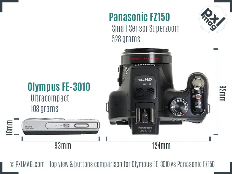 Olympus FE-3010 vs Panasonic FZ150 top view buttons comparison