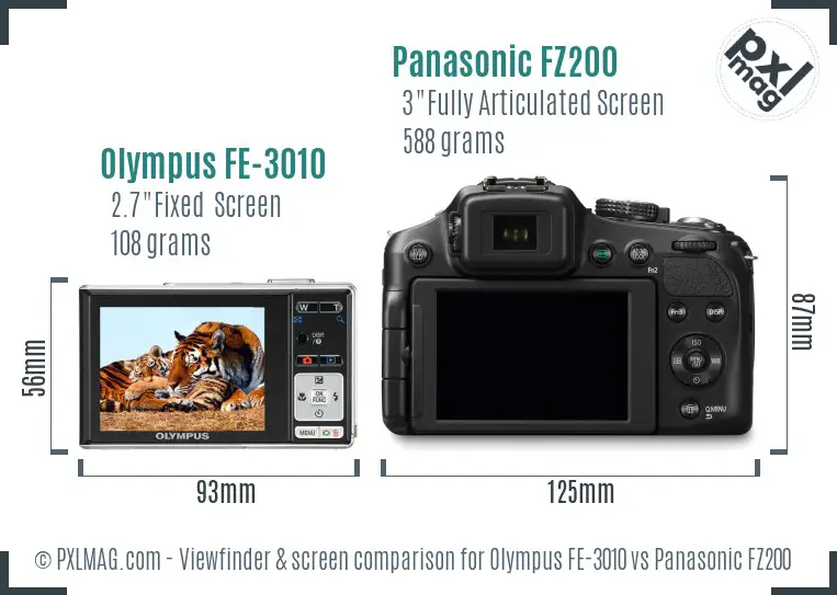 Olympus FE-3010 vs Panasonic FZ200 Screen and Viewfinder comparison