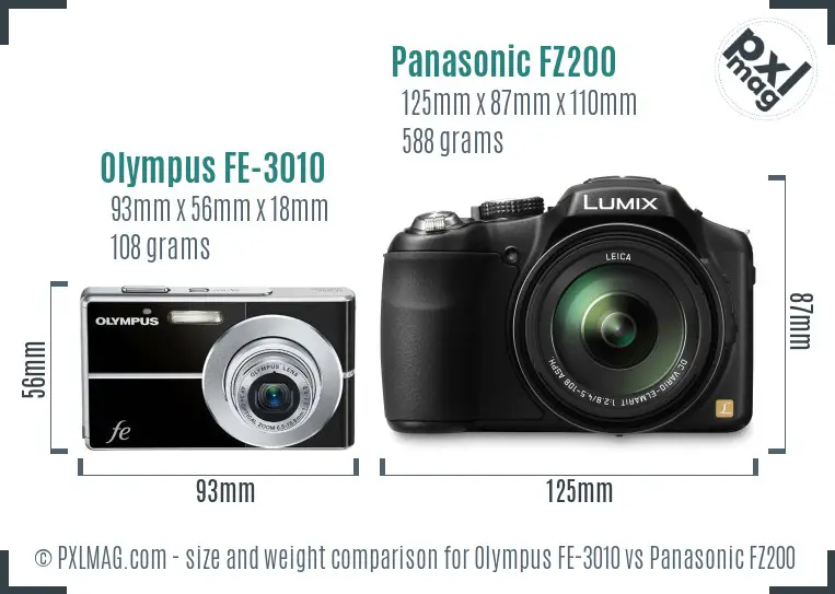 Olympus FE-3010 vs Panasonic FZ200 size comparison