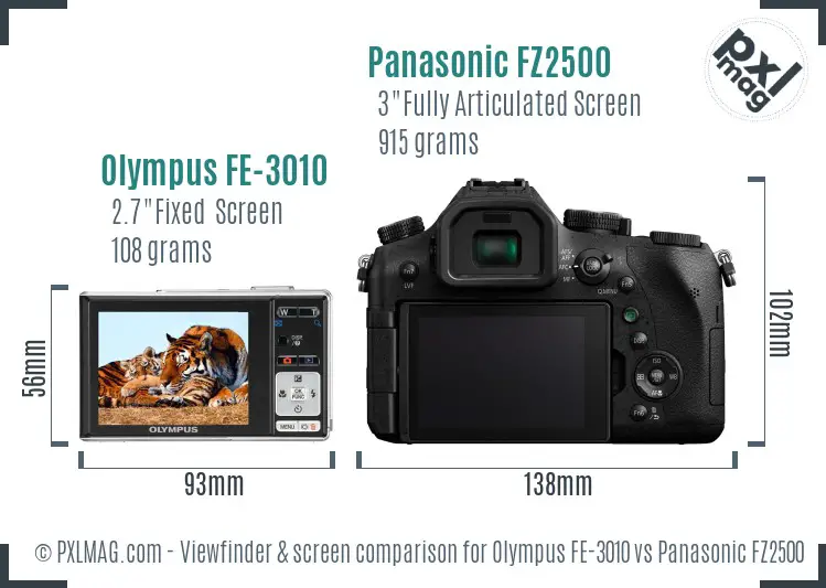 Olympus FE-3010 vs Panasonic FZ2500 Screen and Viewfinder comparison