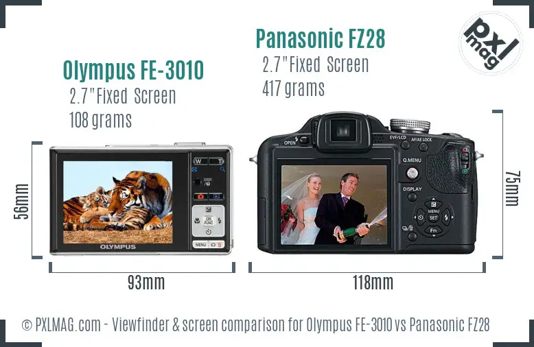 Olympus FE-3010 vs Panasonic FZ28 Screen and Viewfinder comparison