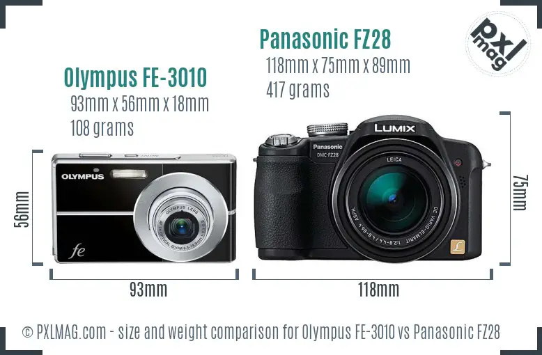 Olympus FE-3010 vs Panasonic FZ28 size comparison