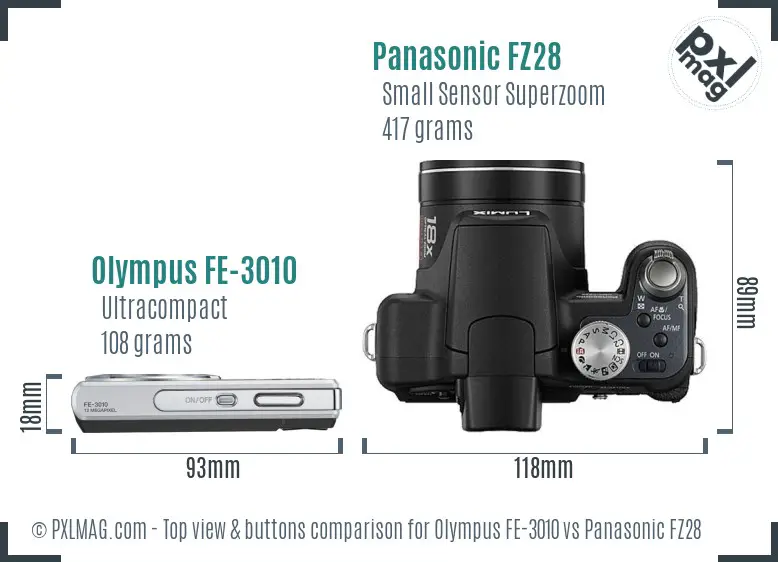 Olympus FE-3010 vs Panasonic FZ28 top view buttons comparison