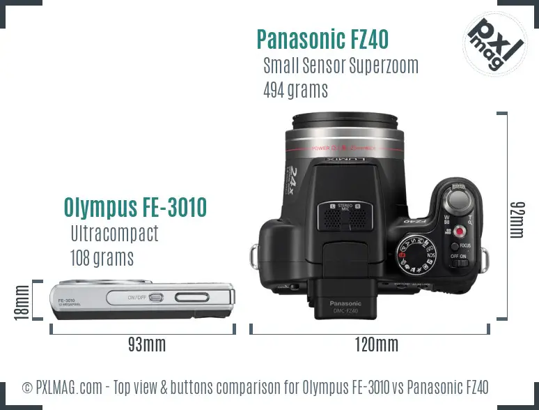 Olympus FE-3010 vs Panasonic FZ40 top view buttons comparison