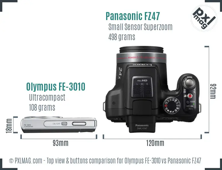 Olympus FE-3010 vs Panasonic FZ47 top view buttons comparison