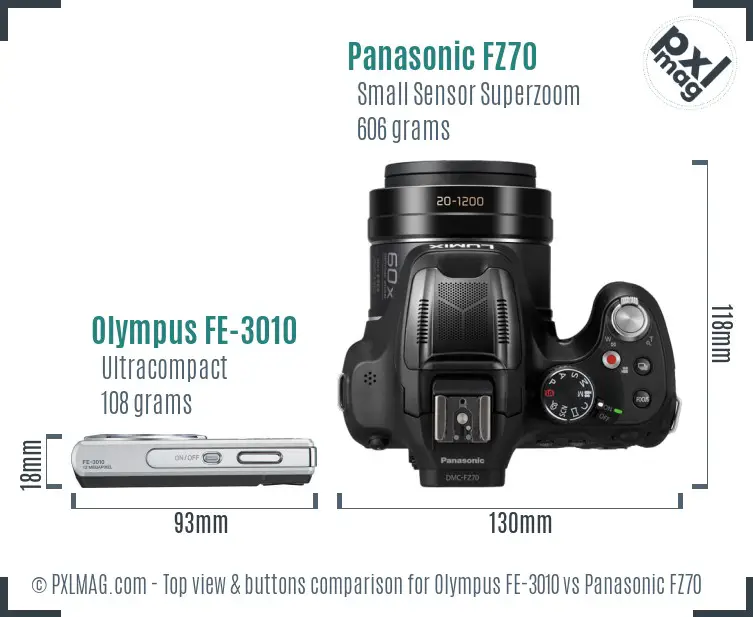 Olympus FE-3010 vs Panasonic FZ70 top view buttons comparison