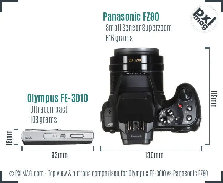 Olympus FE-3010 vs Panasonic FZ80 top view buttons comparison