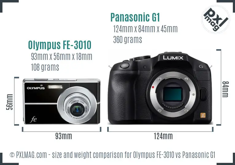 Olympus FE-3010 vs Panasonic G1 size comparison