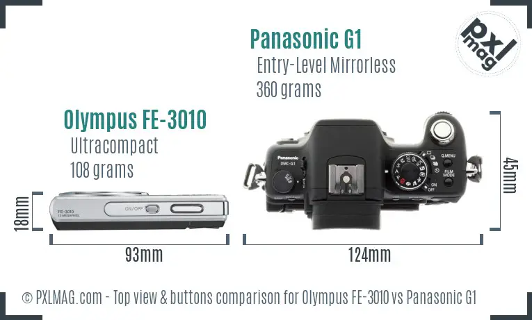 Olympus FE-3010 vs Panasonic G1 top view buttons comparison