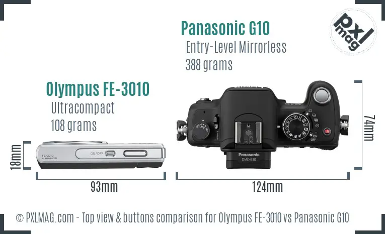 Olympus FE-3010 vs Panasonic G10 top view buttons comparison