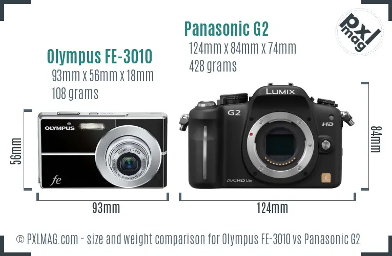 Olympus FE-3010 vs Panasonic G2 size comparison